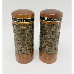 MCM Salt & Pepper Shakers Wood & Woven Bamboo Set 3¾” 1960s Japan NOS Vintage